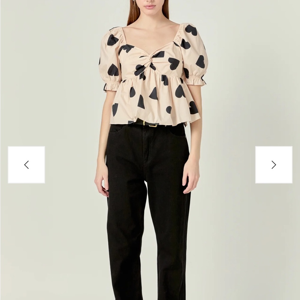 Heart Print Puff Sleeve Top - English Factory